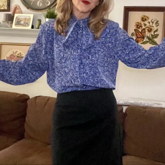 Pendleton Bow Tie detail Blue Pattern Print Secretary Blouse long sleeves - Picture 7 of 16